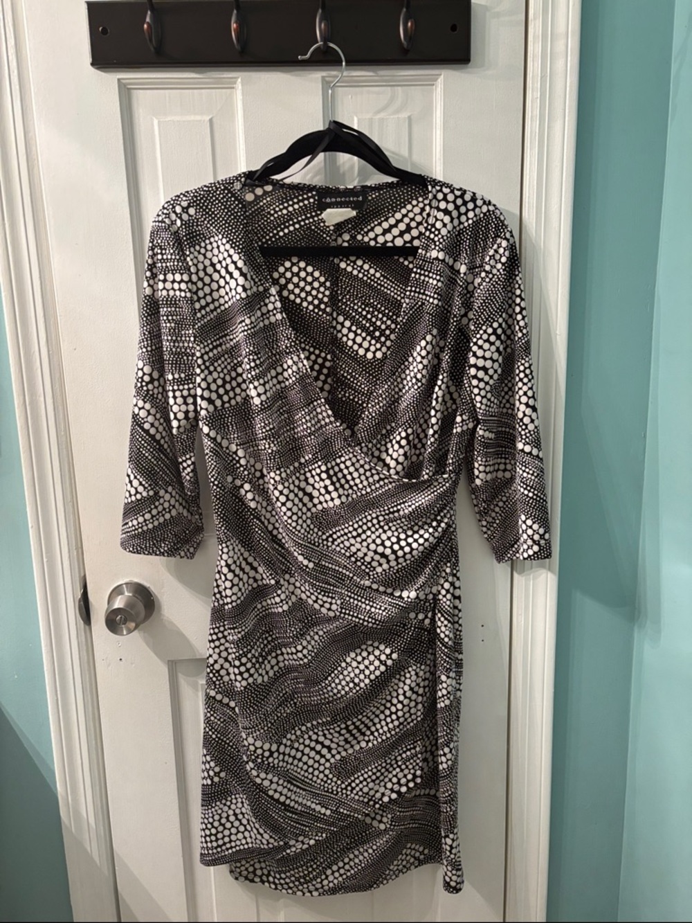 connected apparel Black & White Abstract Dot-Print Faux Wrap Midi Dress
